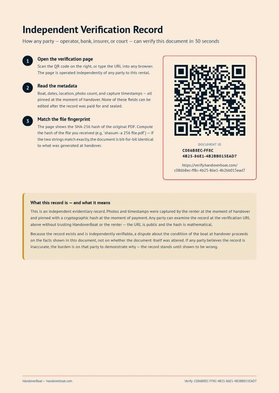 HandoverBoat — Independent Verification Record PDF with QR code