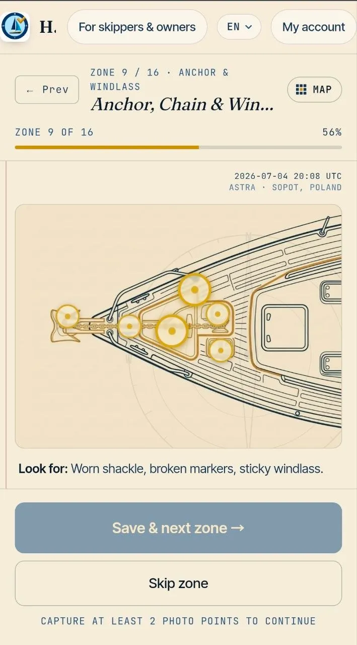 HandoverBoat — inspection zone view showing anchor & windlass with photo points