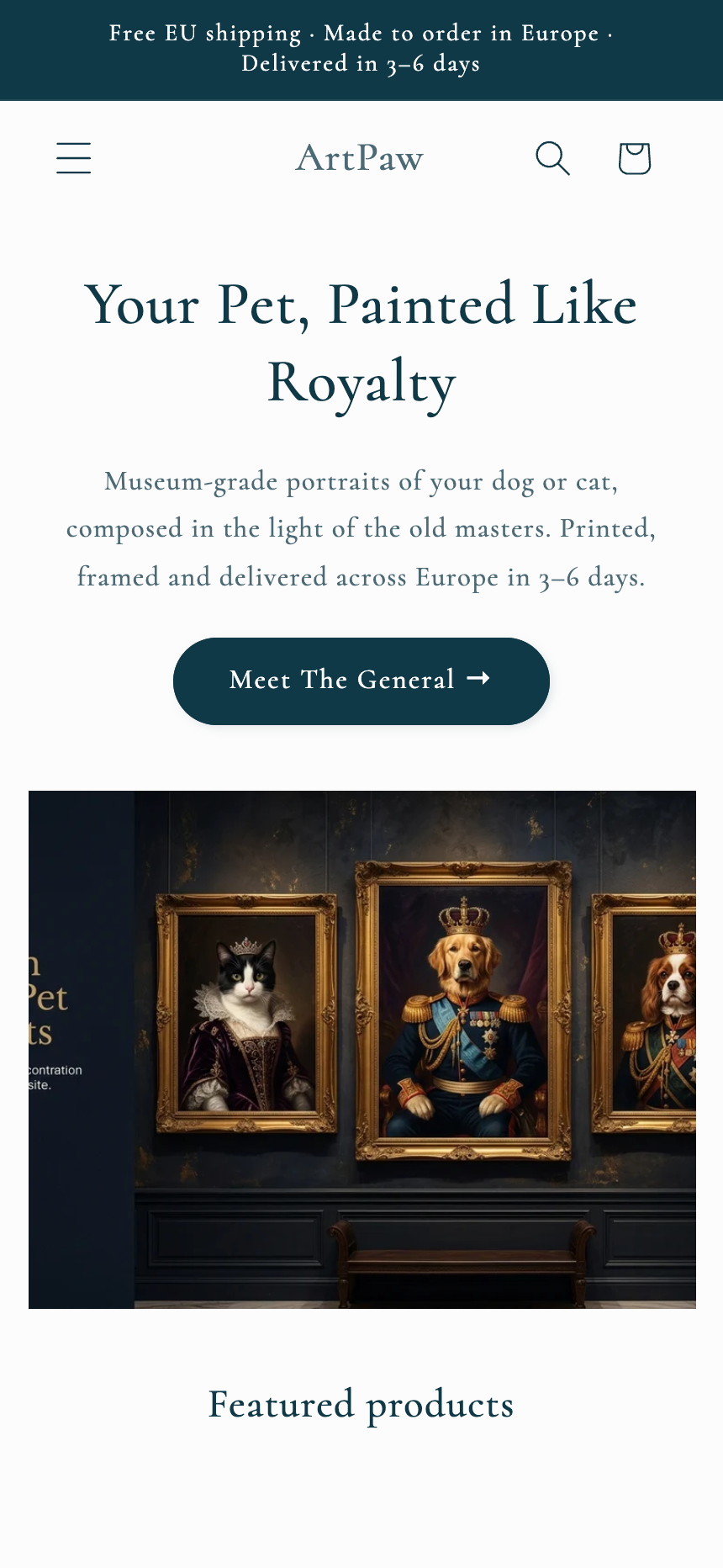 ArtPaw — storefront hero with framed renaissance pet portraits
