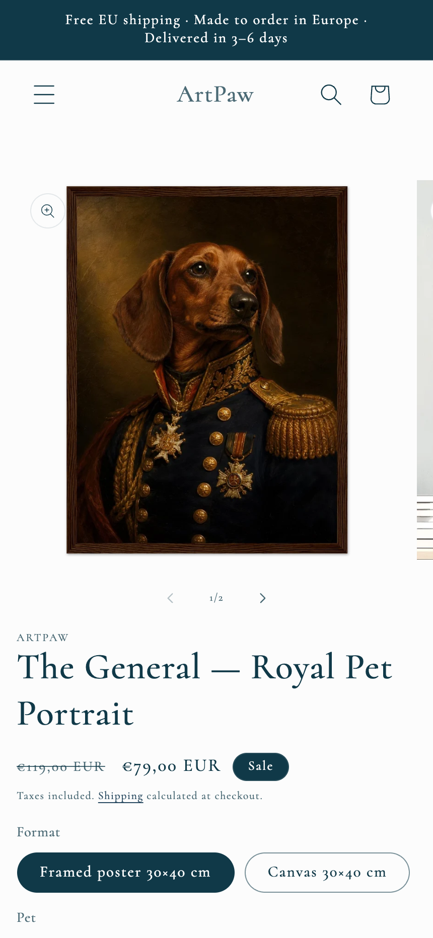 ArtPaw — product page with price and format options