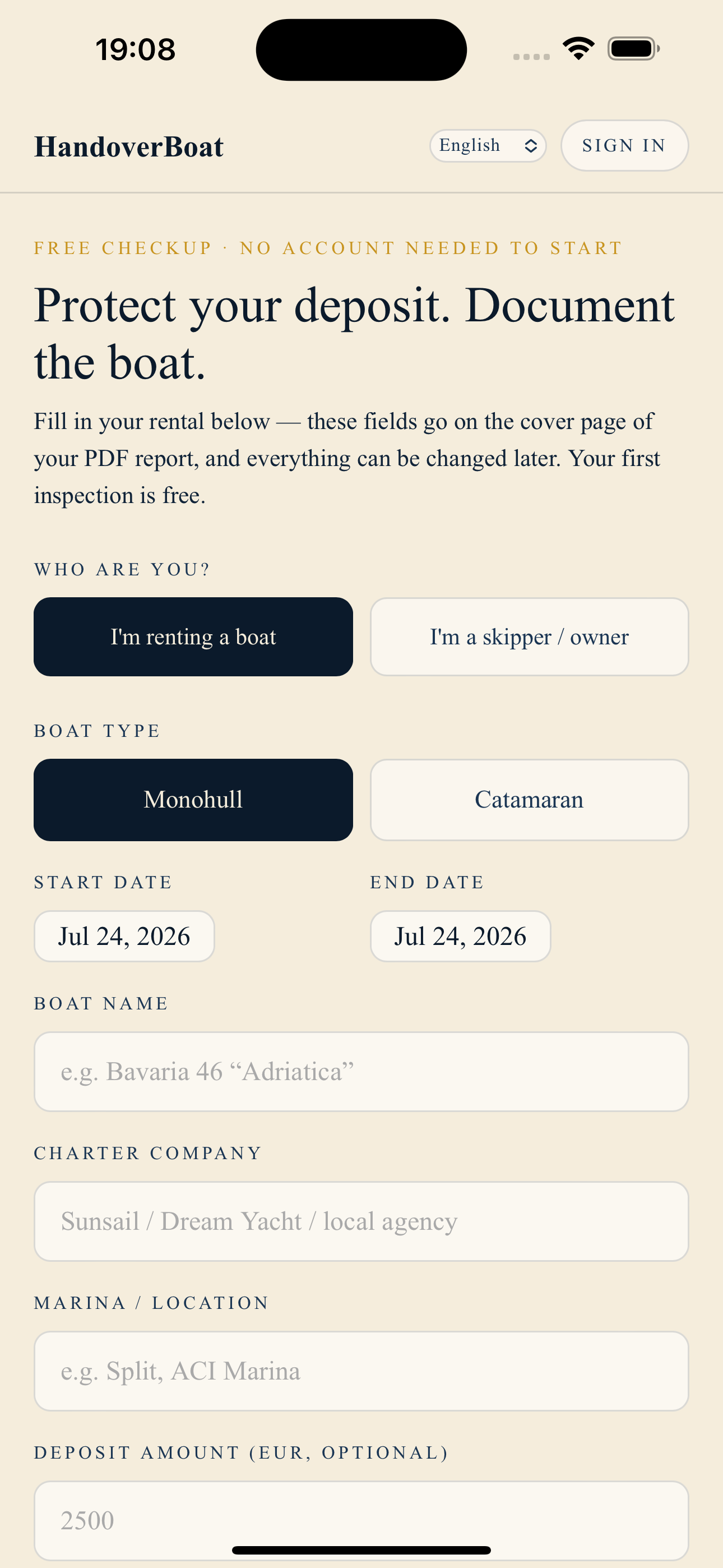 HandoverBoat — start screen with the rental setup form
