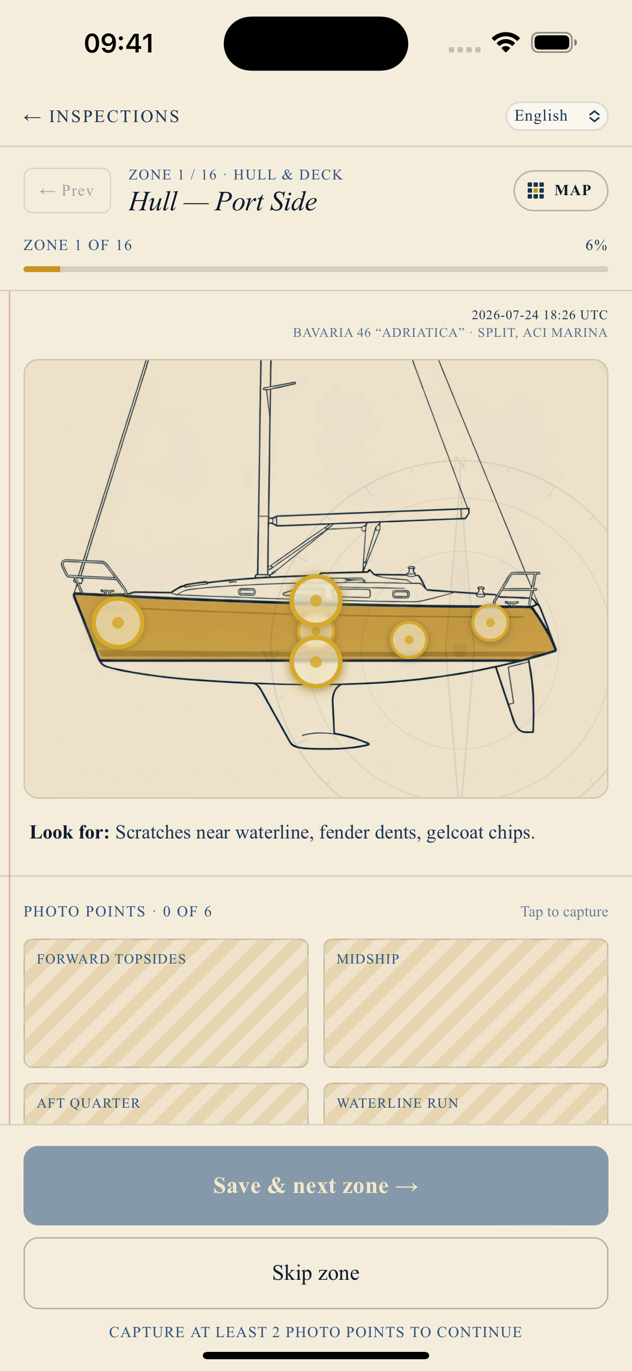 HandoverBoat — guided inspection walk across sixteen zones of a sailboat