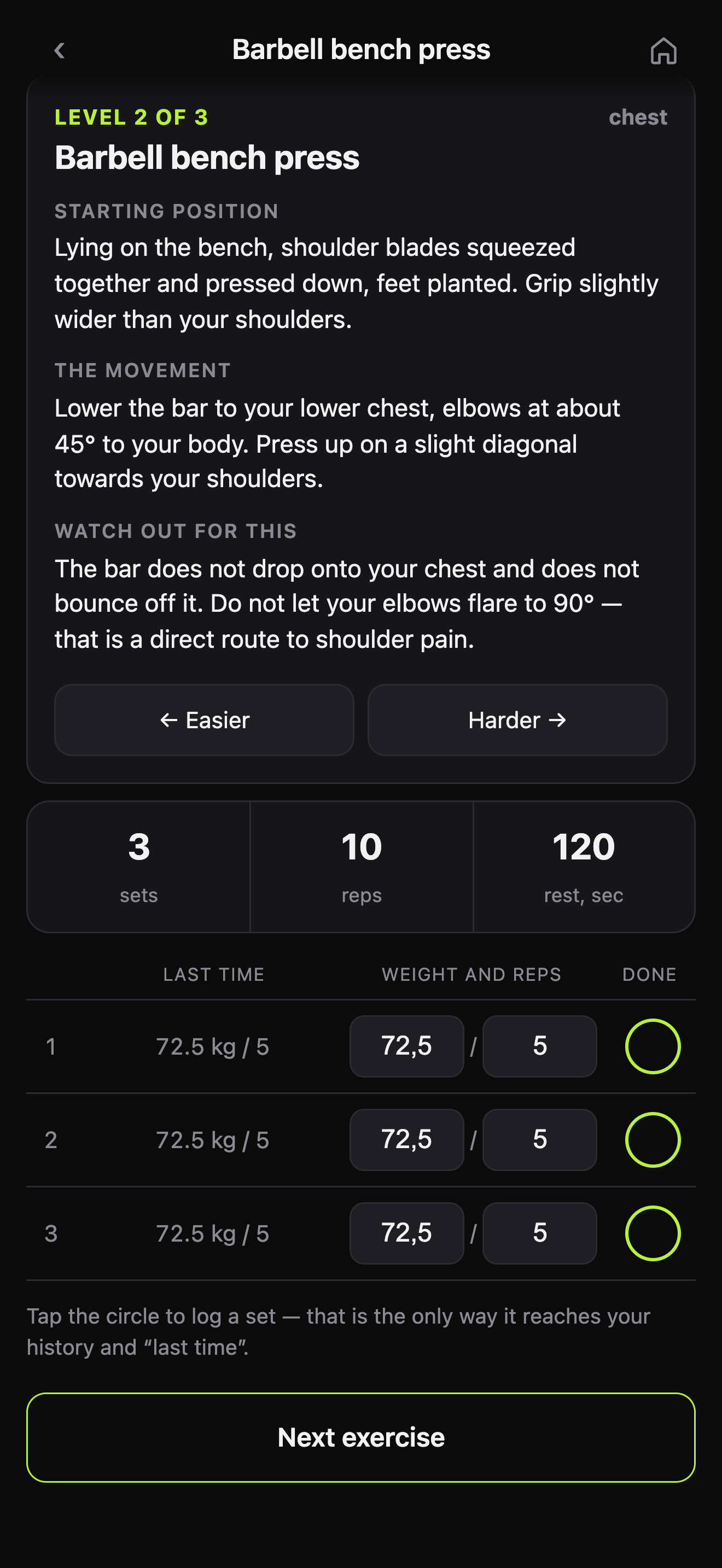 Tapset — bench press screen with weight and reps pre-filled